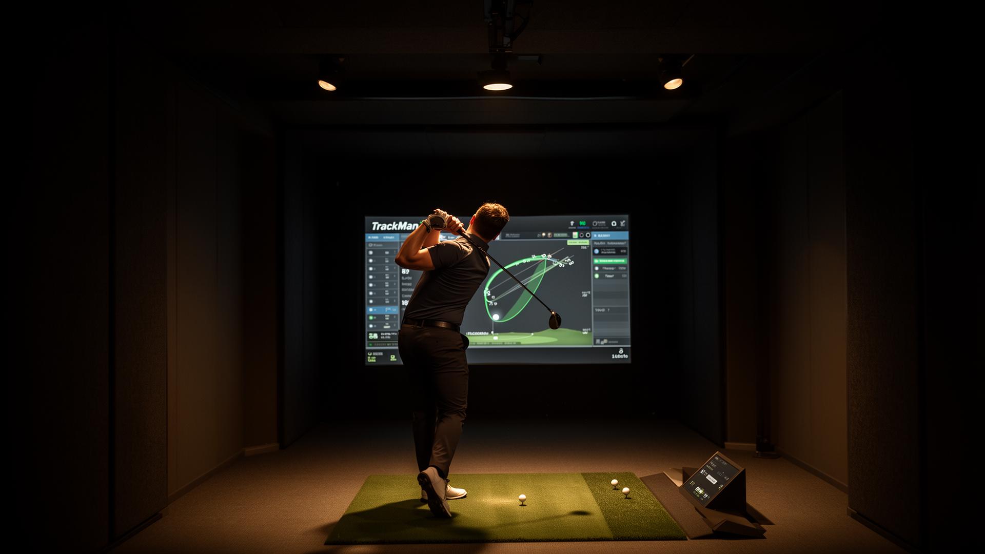 Golfare i TrackMan-bås under coaching hos ACE Indoor Golf